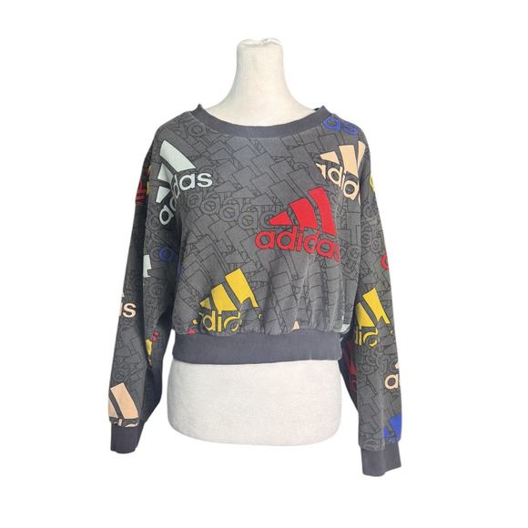 Adidas Womens Size Small Gray Crop Multi Color Logo Sweatshirt 100% Cotton - Picture 1 of 8